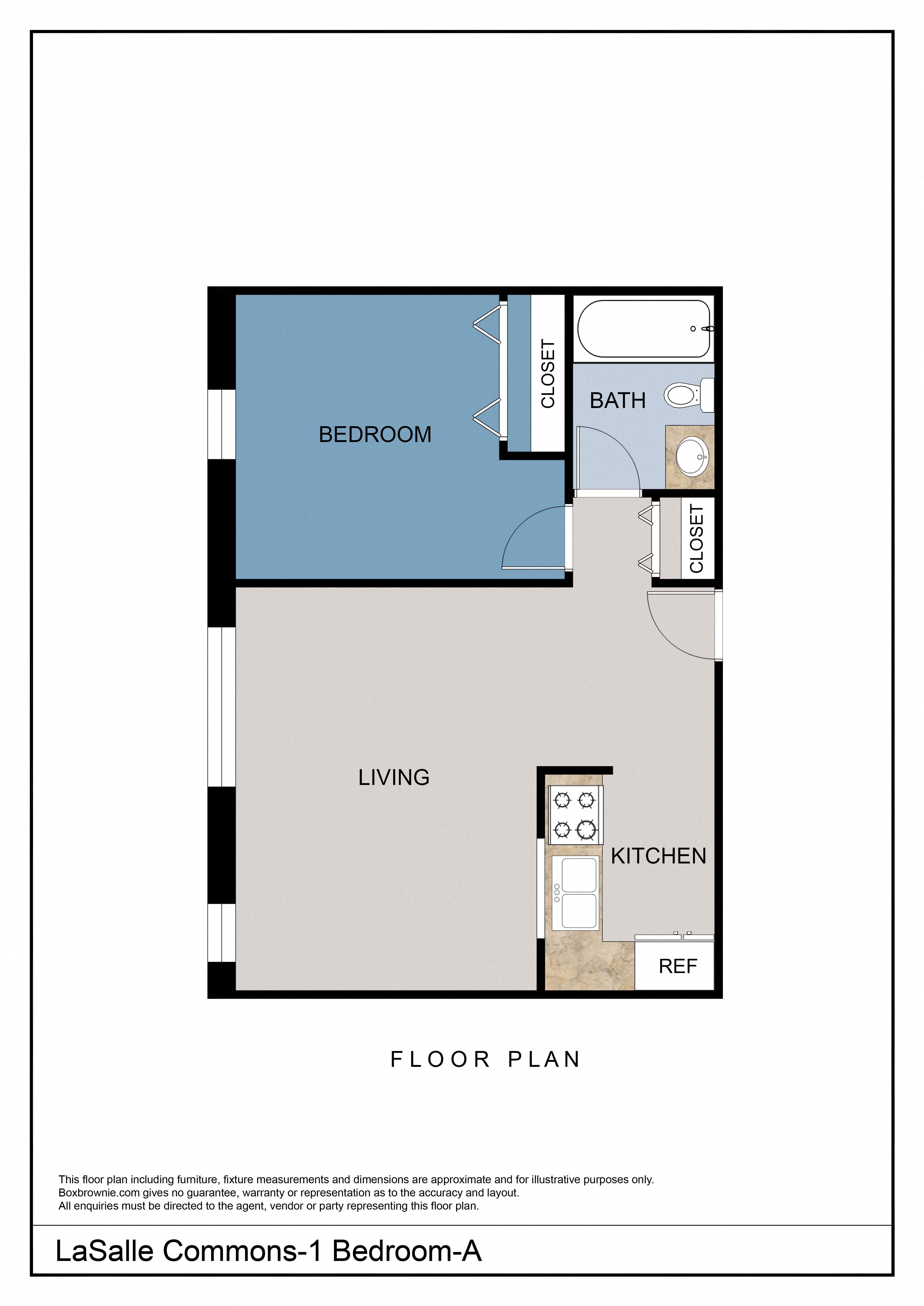 Floor plan for 1 bed, 1 bath, 516 sqft